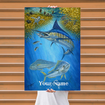 Maxcorners Marlin Fishing Underwater Chase Illustration Personalized Name 3D Poster