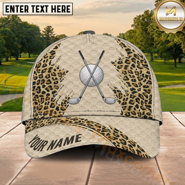Maxcorners Golf Leopard Print Crossed Clubs Personalized Name 3D Classic Cap