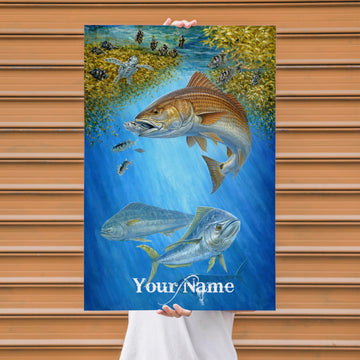 Maxcorners Redfish Fishing Underwater Predator Illustration Personalized Name 3D Poster