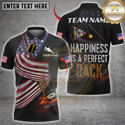 Maxcorners Billiards American Flag with Happiness Perfect Rack Quote Personalized Name 3D Unisex Shirt