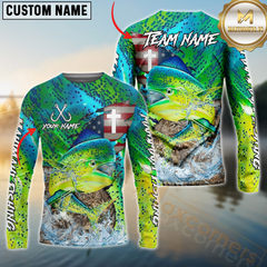 Maxcorners Mahi-Mahi Fishing American Flag Camo Cross Skin Pattern Sun Protection Personalized Name, Team Name Long Sleeve Shirt
