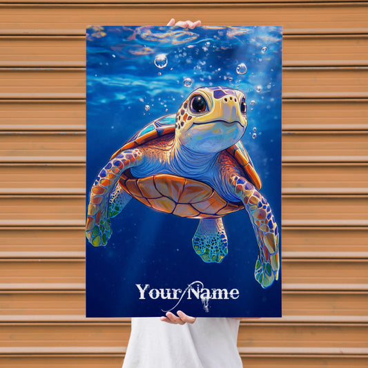 Maxcorners Sea Turtle Fishing Ocean Depth Illustration Personalized Name 3D Poster