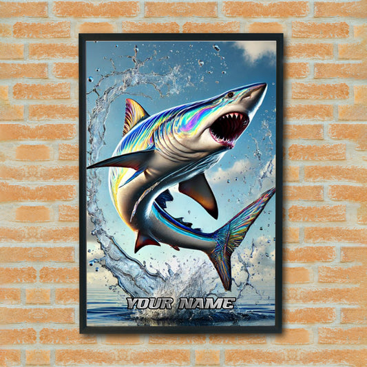 Maxcorners Shark Fishing Rainbow Splash Action Personalized Name 3D Poster