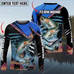 Maxcorners Salmon Fishing Blue Brocade Pattern Sun Protection Personalized Name, Team Name Long Sleeve Shirt