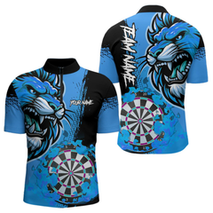 Maxcorners Blue Funny Darts Flame Lion Custom Polo & Quarter-Zip, Personalized Men Dart Shirts Dart Jerseys LM105