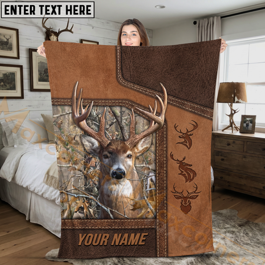 Maxcorners Rustic Leather Whitetail Deer Hunting Personalized 3D Blanket