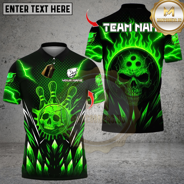 Maxcorners Bowling And Pins Neon Skull Vibes Multicolor Customized Name, Team Name 3D Shirts
