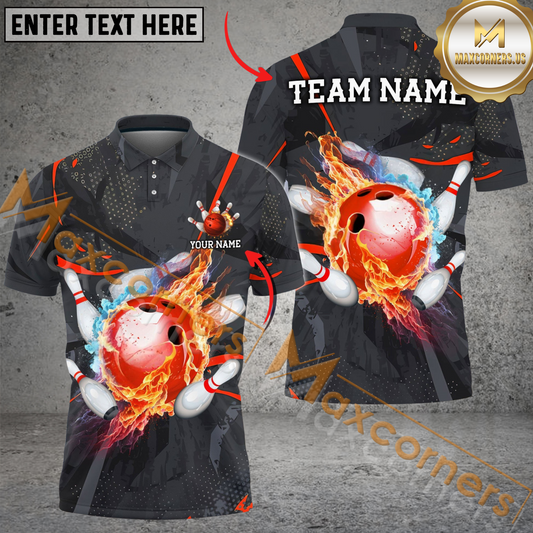 Maxcorners Bowling & Pins Strike Flame Multicolor Option Customized Name, Team Name 3D Polo Shirt (4 Colors)