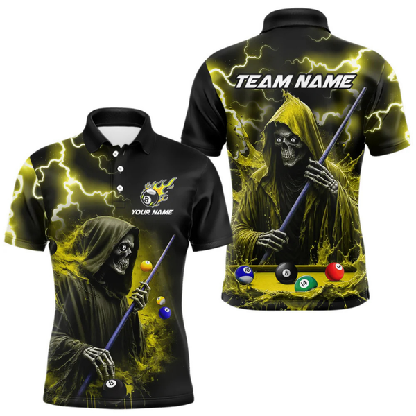 Maxcorners Yellow Grim Reaper Billiard Shirts For Men Custom Thunder Lightning Team League Billiard Jerseys LM105