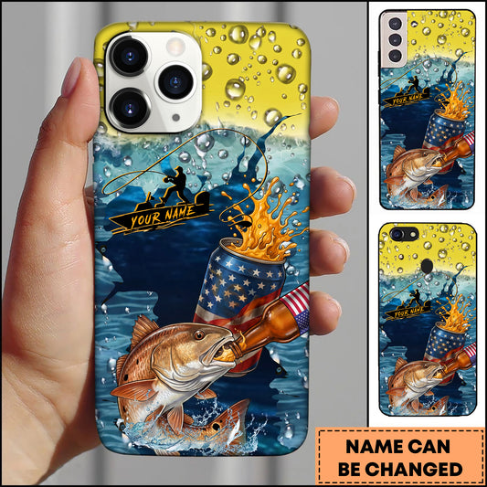 Maxcorners Red Fish Fishing Phone Case Beer Splash Fishing Graphic Personalized Name 3D Phone Case