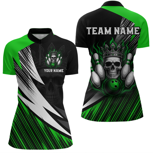 Maxcorners Green Skull Crown Bowling Custom Men Bowling Shirt Polo & Quarter-Zip Bowling Team Jerseys