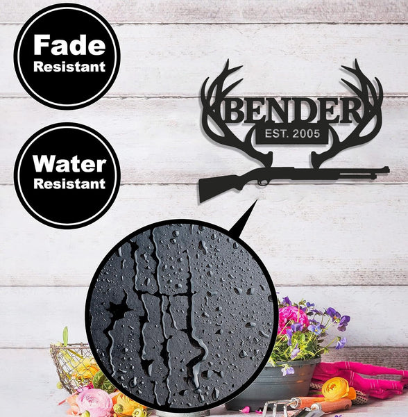 Maxcorners Personalized Metal Sign WITH LED/WITHOUT LED – Deer Antler Hunting Wall Decor with Rifle – Custom Rustic Cabin Sign for Hunters LM0110