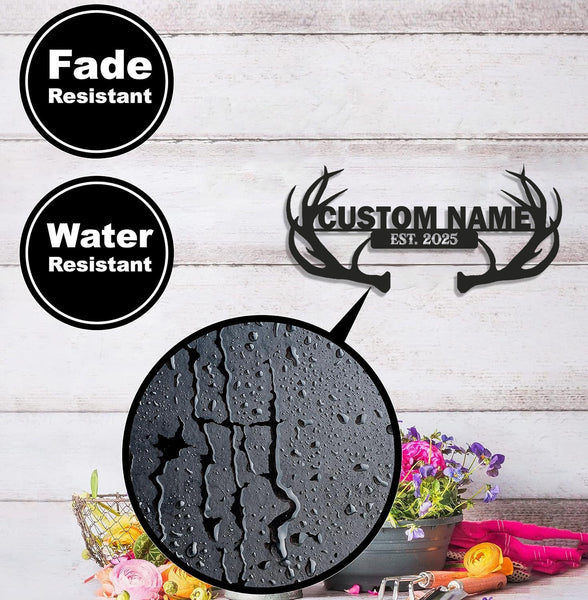 Maxcorners Personalized Deer Antler Metal Sign WITH LED/WITHOUT LED - Rustic Cabin Name Sign, Hunter Lodge Established Wall Art LM0110