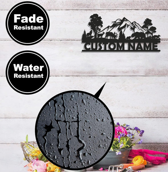 Maxcorners Personalized Wildlife Metal Sign WITH LED/WITHOUT LED - Rustic Cabin Name Sign with Deer & Bear, Mountain Lodge Outdoor Wall Art LM0110