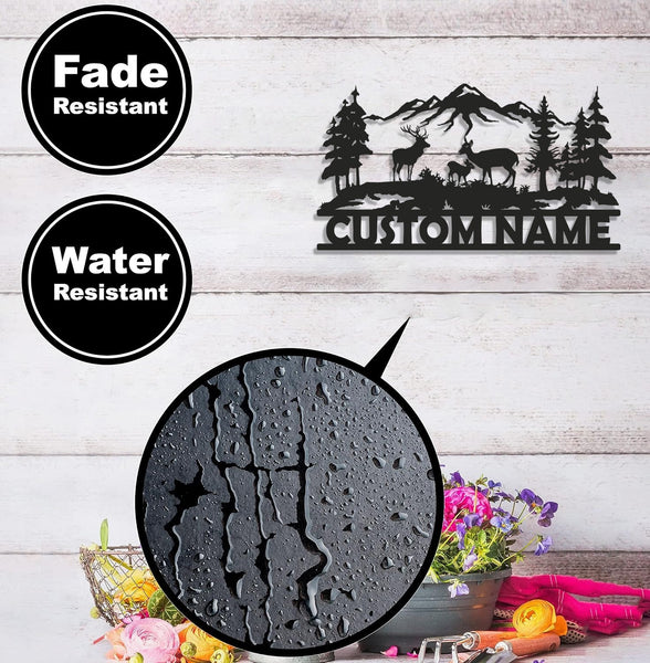 Maxcorners Personalized Deer Family Metal Sign WITH LED/WITHOUT LED - Rustic Cabin Name Sign, Mountain Wildlife Wall Art for Lodge & Outdoor Decor LM0110