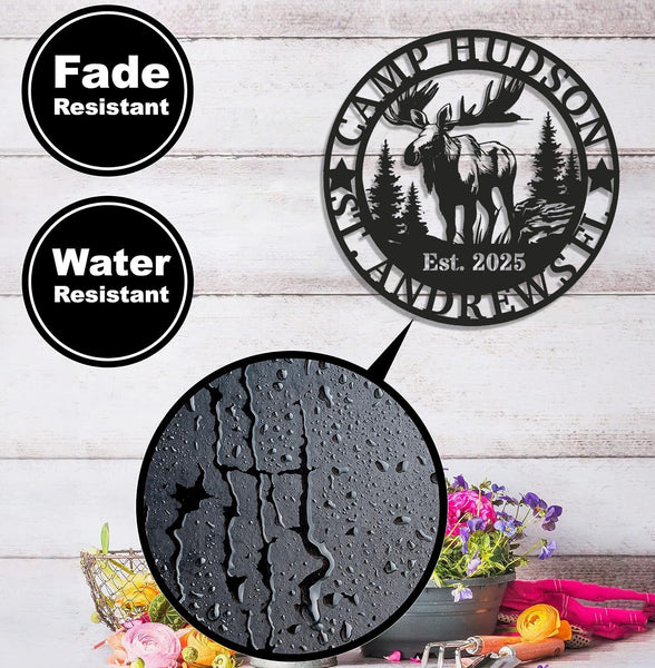 Maxcorners Personalized Moose Metal Sign WITH LED/WITHOUT LED - Rustic Cabin Name Sign, Wildlife Wall Art for Lodge, Camp & Outdoor Decor LM0110