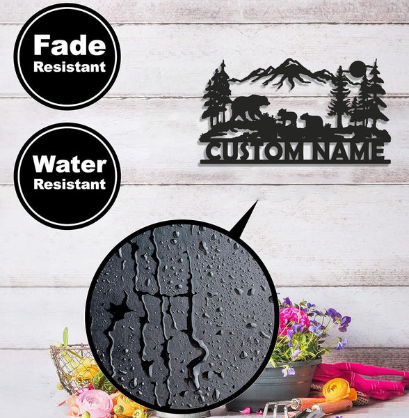 Maxcorners Personalized Bear Family Metal Sign WITH LED/WITHOUT LED - Mountain Cabin Name Sign, Rustic Wildlife Wall Art for Lodge & Outdoor Decor LM0110