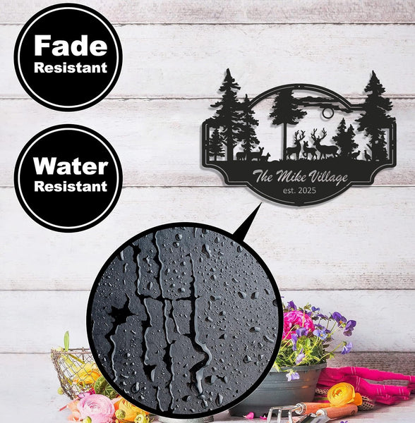 Maxcorners Personalized Deer Metal Sign WITH LED/WITHOUT LED - Rustic Wildlife Scene Cabin Name Sign, Family Lodge Outdoor Wall Art LM0110