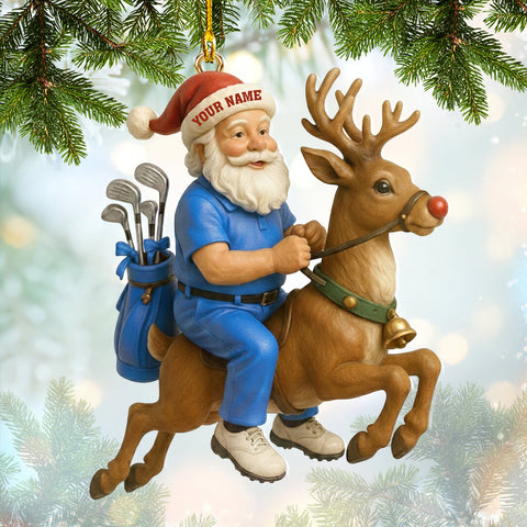 Maxcorners Blue Personalized Golf Santa Ornament – Custom Name Christmas Ornament – Funny Golf Xmas Gift for Players, Santa Riding Reindeer Tree Decoration MT1611