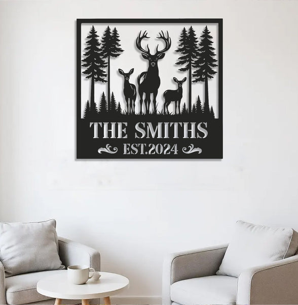 Maxcorners Personalized Deer Family Metal Sign WITH LED/WITHOUT LED, Rustic Cabin Wall Decor, Wildlife Hunting Lodge Name Sign LM0110