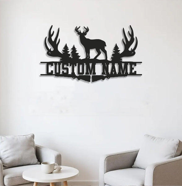 Maxcorners Personalized Deer Antler Metal Sign WITH LED/WITHOUT LED Light Custom Name Forest Wall Art Hunter Gift Rustic Cabin Decor LM0110