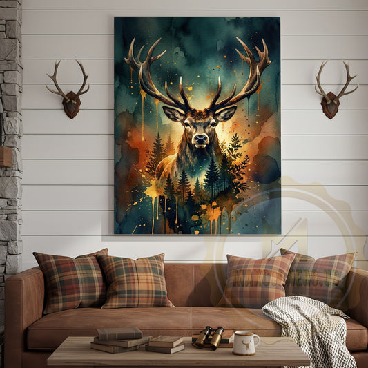 Maxcorners Watercolor Deer Canvas Wall Art - Forest Landscape Double Exposure Print