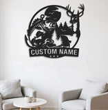 Maxcorners Personalized Deer and Fish Hunting Metal Sign WITH LED/WITHOUT LED, Rustic Cabin Wall Decor, Wildlife Outdoor Lodge Gift LM0110