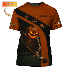 Maxcorners Halloween Billiards Jersey, Custom Name Skeleton Pumpkin Pool Shirt, Spooky 8 Ball Shirt For Billiard Lovers LM0509
