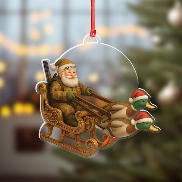 Maxcorners Personalized Funny Santa Hunter Acrylic Ornament– Duck Hunting Christmas Wall Art, Santa Claus with Ducks Sleigh, Custom Hunter Gift for Men LM0411