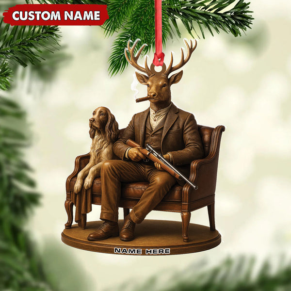 Maxcorners Personalized Acrylic Deer Christmas Ornament – Elegant Hunter Buck with Dog Holding Rifle Holiday Decor LM0411