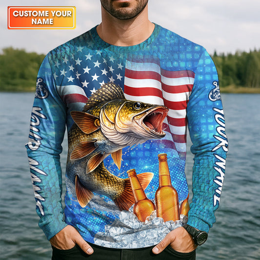 Maxcorners Fishing And Beer Patriotic Fishing Shirt, 250th Anniversary Fishing UPF Shirts, Gift For Fisherman, Fishing Shirts For Men