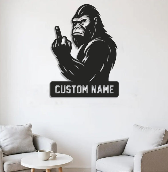 Maxcorners Personalized Bigfoot Metal Sign WITH LED/WITHOUT LED Light, Funny Sasquatch Middle Finger Wall Art, Hunter Gag Gift for Man Cave or Garage LM0110