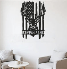 Maxcorners Personalized Vertical American Flag Deer Hunting Metal Sign WITH LED/WITHOUT LED Light Rustic Lodge Wall Decor LM0110