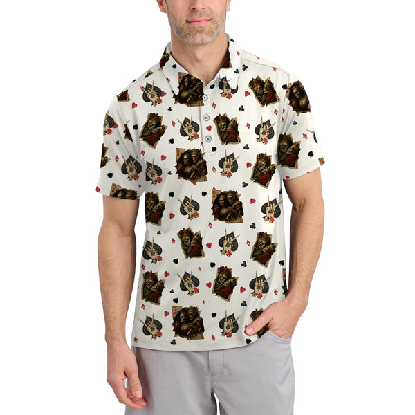 Funny Poker Playing Card Shirts For Men, Skull King & Card Suits Pattern Polos, Funny Poker Shirt