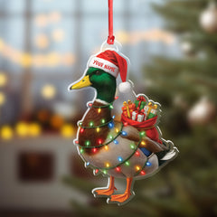 Maxcorners Funny Christmas Duck Acrylic Ornament â€“ Mallard Santa with Lights and Gifts, Personalized Holiday Decoration for Duck Lovers, Unique Hunter Christmas Gift