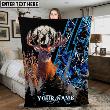Maxcorners Deer Hunting Buck Lightning Strike Blue Camo Forest Personalized 3D Blanket