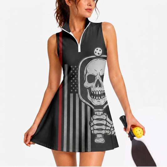 Maxcorners Pickleball Sleeveless Zipper Sports Dress Set Monochrome Skull Skeleton Personalized Name 3D Sleeveless Zipper Sports Dress Set