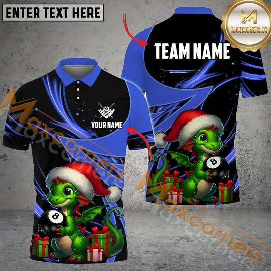 Maxcorners Billiard Green Dragon In Red Santa Hat With New Year Gifts Multicolor Options Personalized Name, Team Name 3D Polo Shirt (4 Colors)