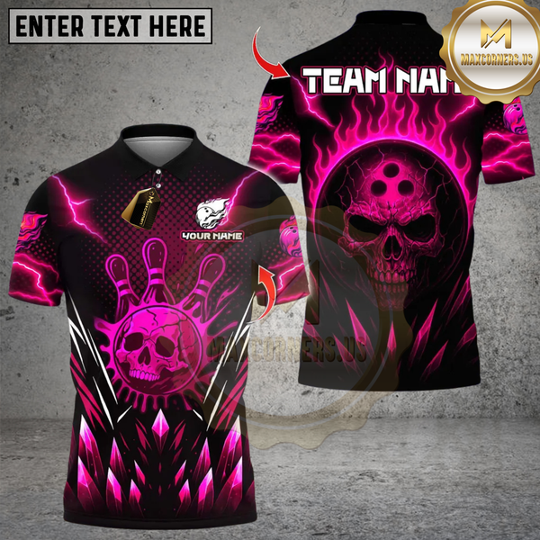 Maxcorners Bowling And Pins Neon Skull Vibes Multicolor Customized Name, Team Name 3D Shirts