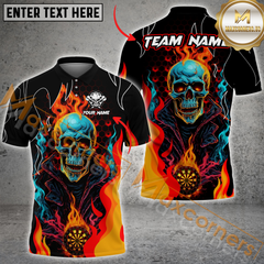 Maxcorners Darts  Skull Fire Flame MultiColor Option Customized Name, Team Name 3D Polo Shirt