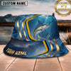 Maxcorners Fishing Blue Gold Wave Personalized Name 3D Bucket Hat (12 Fish Species)