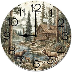 Maxcorners Wall clock with bear, elk, and deer design, battery operated, silent, analog, rustic, round clock, wooden home decor for kitchen, living room, bathroom TU3012