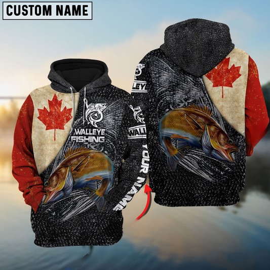 Maxcorners Vintage Canadian Flag Walleye Fishing Personalized Name, Team Name 3D Long Sleeve Shirt