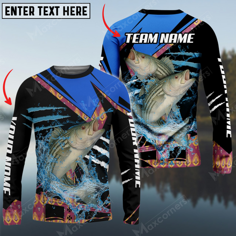 Maxcorners Striped Bass Fishing Blue Brocade Pattern Sun Protection Personalized Name, Team Name Long Sleeve Shirt