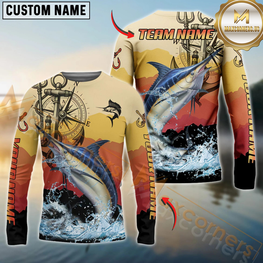 Maxcorners Fishing Sunset Compass Custom Name & Team Name 3D Shirts