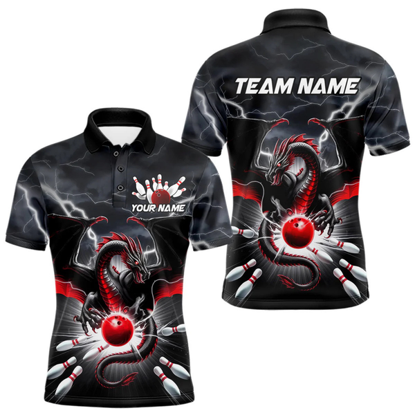 Maxcorners Custom Black And Red Dragon Bowling Men Polo Shirts, Dragon Bowling Team Jerseys LM1605