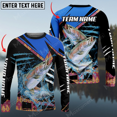 Maxcorners Trout Fishing Blue Brocade Pattern Sun Protection Personalized Name, Team Name Long Sleeve Shirt
