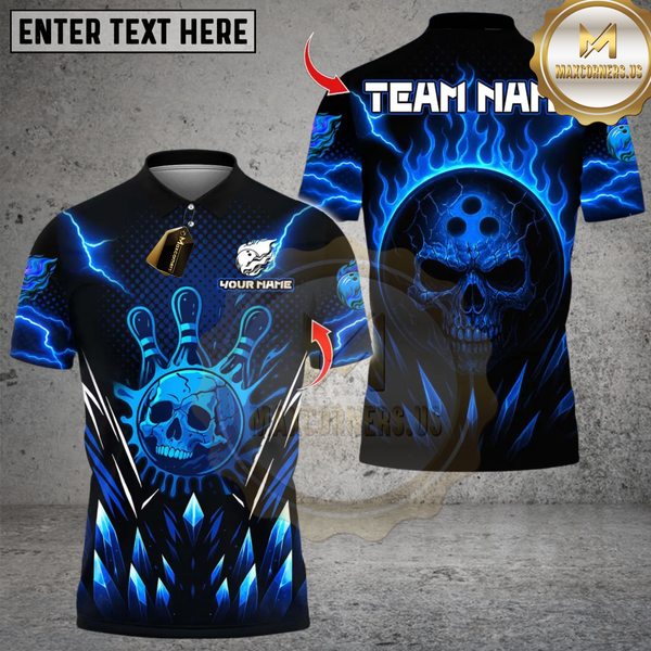 Maxcorners Bowling And Pins Neon Skull Vibes Multicolor Customized Name, Team Name 3D Shirts