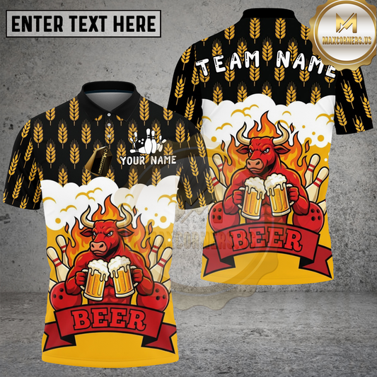 Maxcorners Bowling Beer Bull Wheat Pattern Multicolor Options Personalized Name, Team Name 3D Shirt (4 Colors)