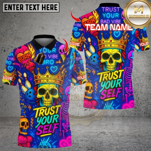 Maxcorners Bowling And Pins Neon Skull Vibes Personalized Name 3D Unisex Shirt